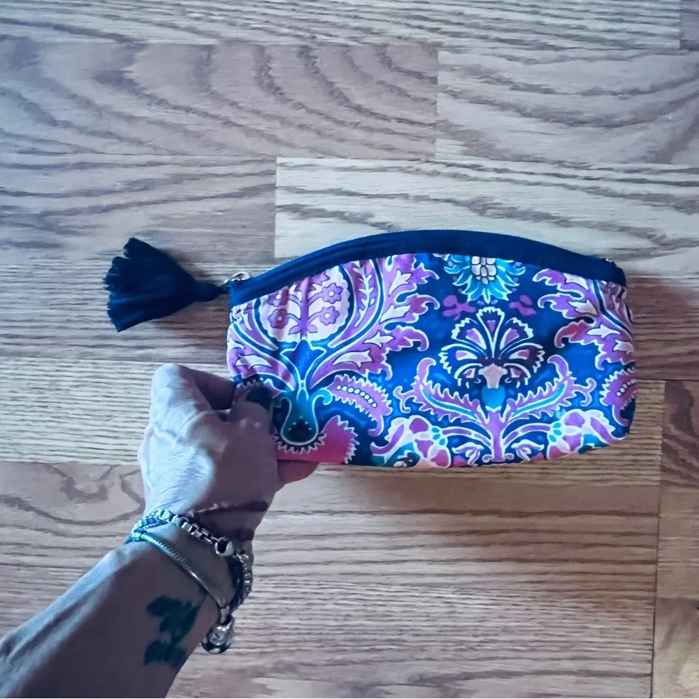 New J. Crew Paisley Print Zippered Cosmetic Bag with Tassel Navy Blue & Pink